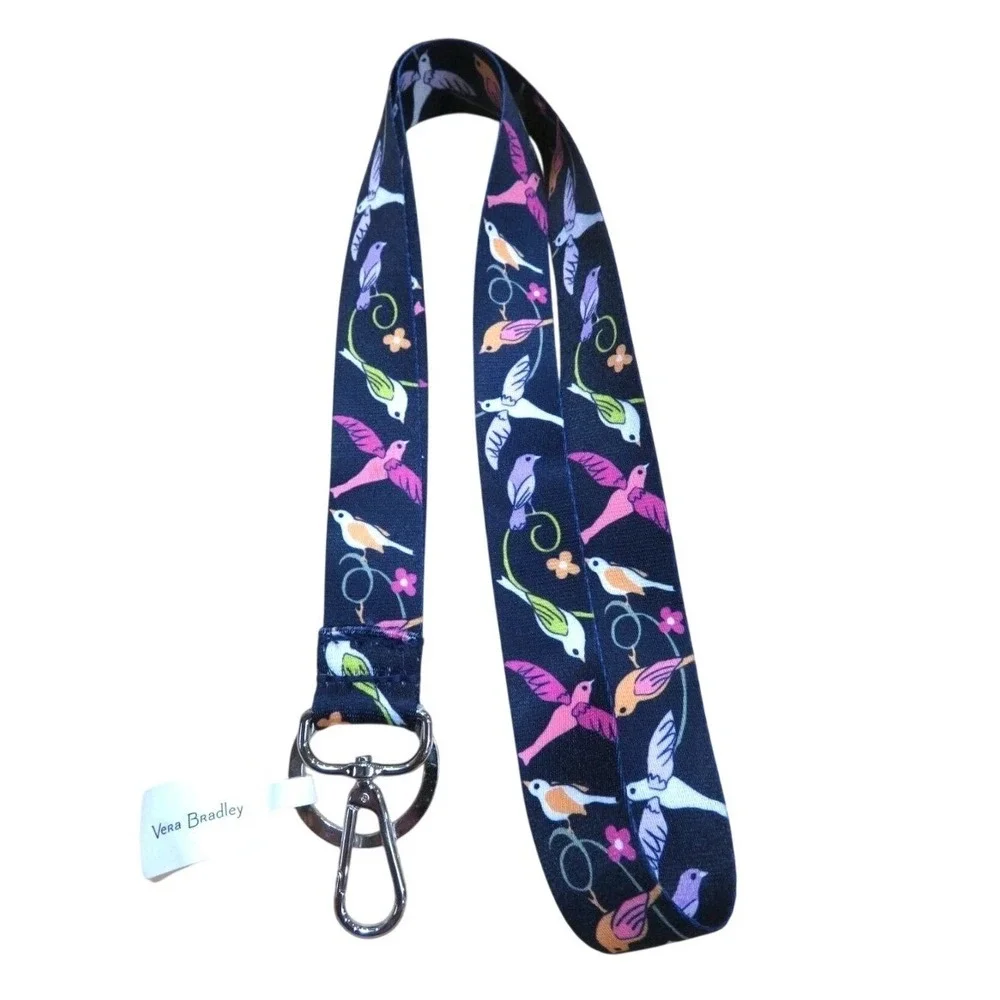 Vera Bradley French Ditsy Wide Lanyard Navy‎ Blue Bird Floral ID Key Holder NEW
